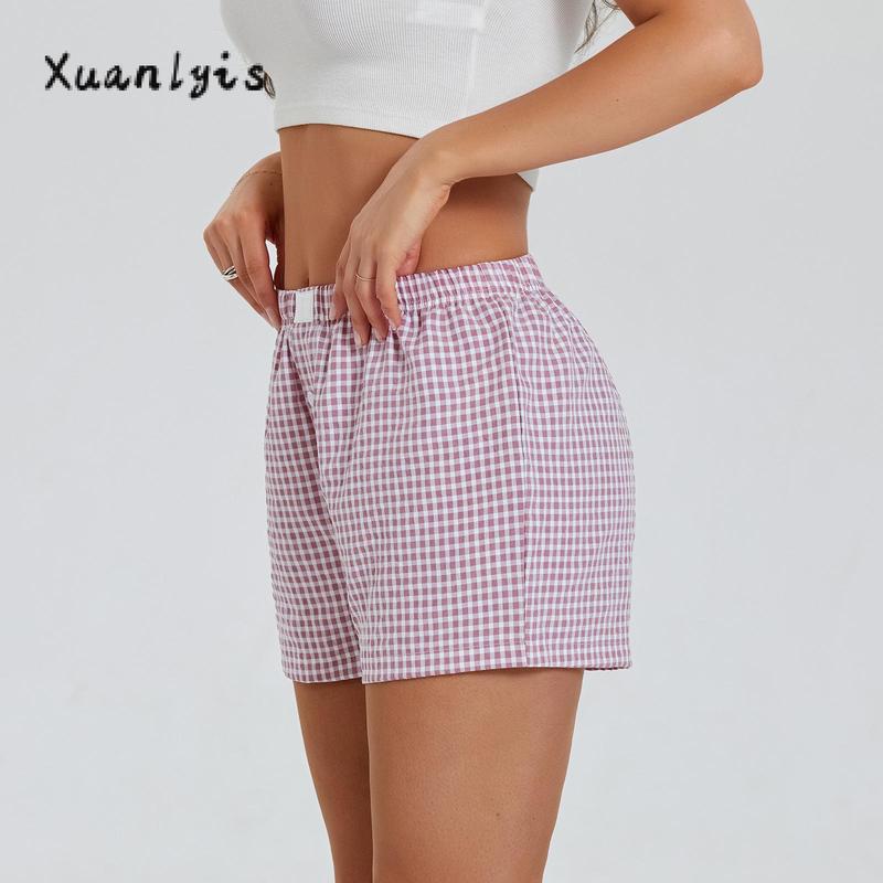 Women’s Plaid Print Shorts Elastic Low Waist Button Front Lounge Shorts Boxers Streetwear Fabric Womenswear Bottom Soft