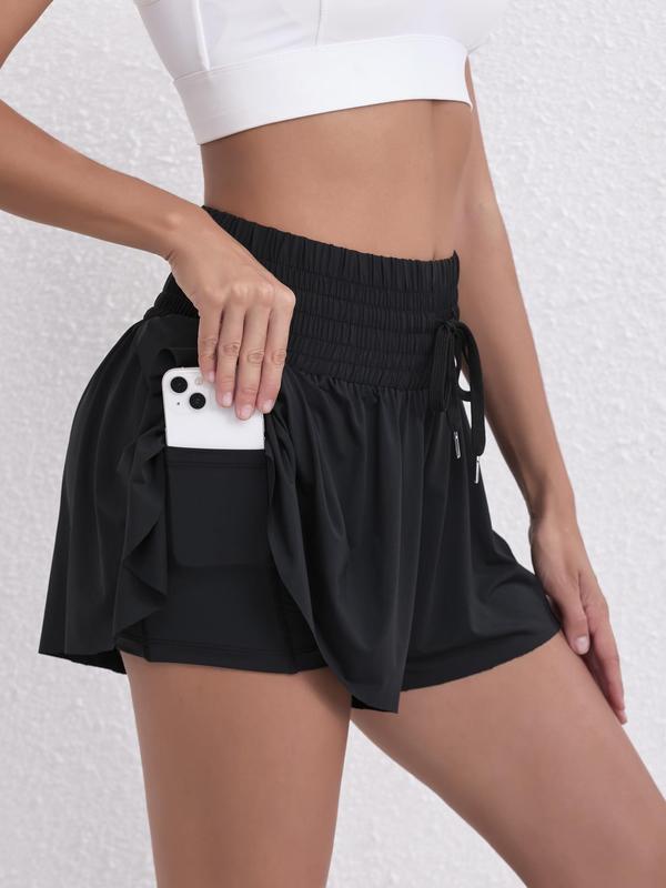 Women's 2 in 1 Drawstring Waist Shirred Skort, Casual Pocket High Waist Culottes for Summer, Shorts for Women, Women's Bottoms for Daily Wear, Going Out Bottoms