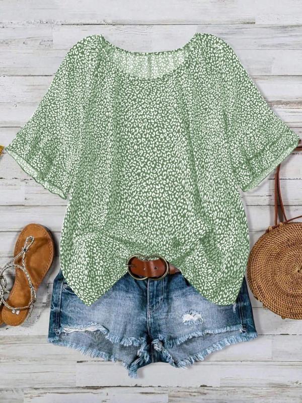  All Over Print Ruffle Layered Sleeve Blouse, Casual Short Sleeve Round Neck Top for Daily Wear, Plus Size Clothing, Going Out Tops, Fall Clothes, Women's Plus Back To School Clothing for All Seasons