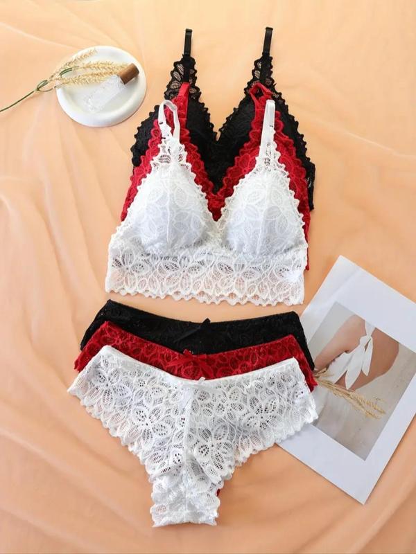 Women's Contrast Lace Flower Pattern Bra & Panty Set, Adjustable Strap Wireless Lingerie Top & Panty, Soft Comfy Breathable Underwear Set for Women