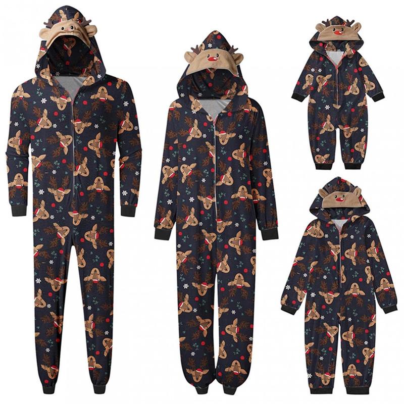 Matching Christmas Pjs for Family Reindeer Print Onesie Pajamas Hoodie  Xmas Sleepwear Outfits