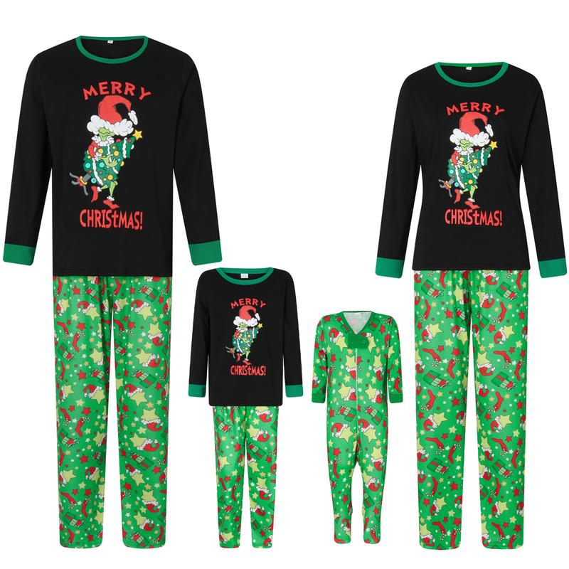 Christmas Pajamas for Family Long Sleeve Cartoon Print Tops + Trousers Set Winter Holiday Sleepwear