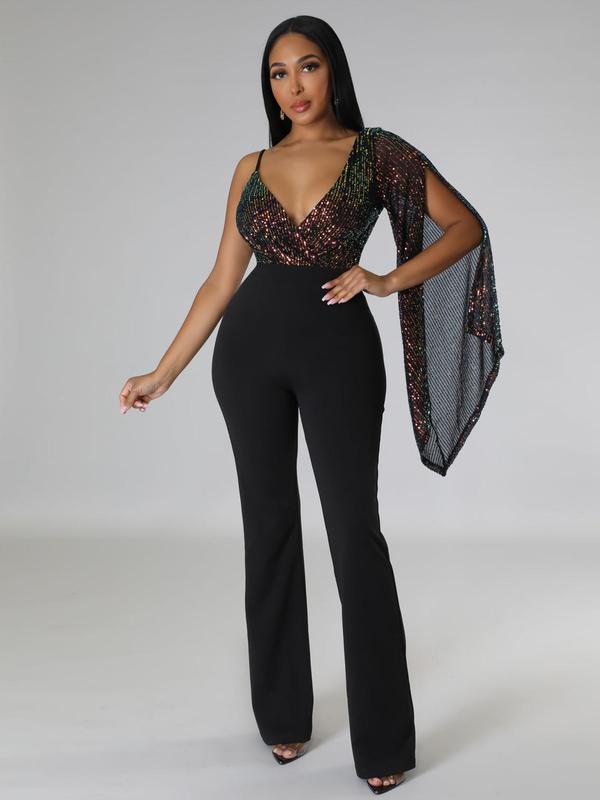 Women's Glitter Sequin Asymmetrical Split Sleeve Jumpsuit, Elegant Deep V Neck Zipper Jumpsuit for Party Club, Ladies Clothes for All Seasons