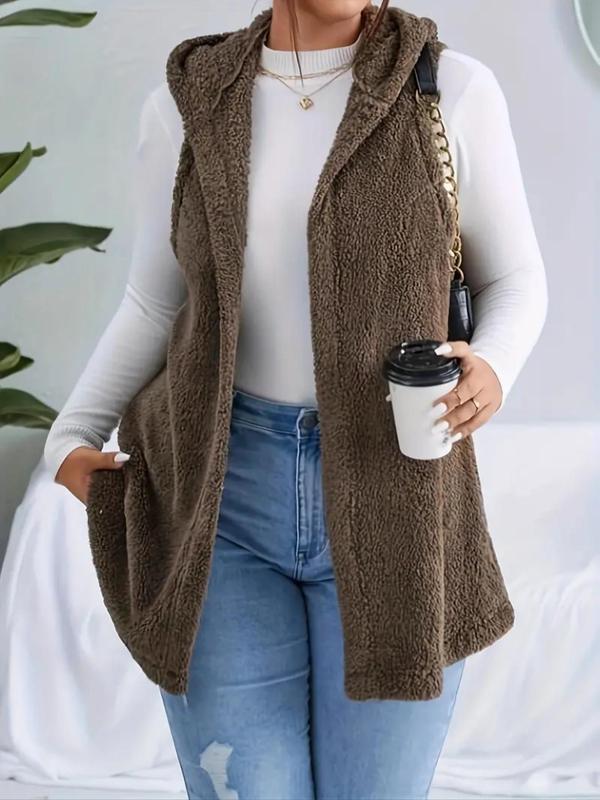 Plus Solid Color Hooded Vest Coat, Casual Basic Lady Coat, Minimalist Womenswear, Sleeveless Open Front Outerwear for Fall & Winter, Women's Clothes for Daily Wear