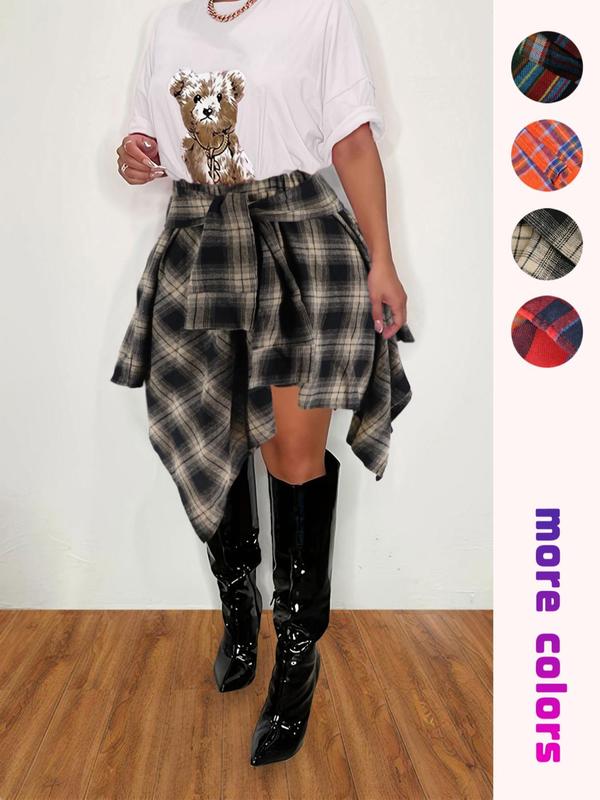  Plaid Print Asymmetrical Hem Skirt, Casual Knee Length Skirt for Fall & Winter, Women's Bottoms for Daily Wear