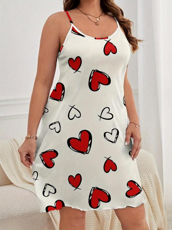  All Over Heart  Bear Print Lettuce Trim Cami Nightdress, Casual Soft Comfortable Spaghetti Strap Nightgown for Women, Women's Sleepwear for All Seasons