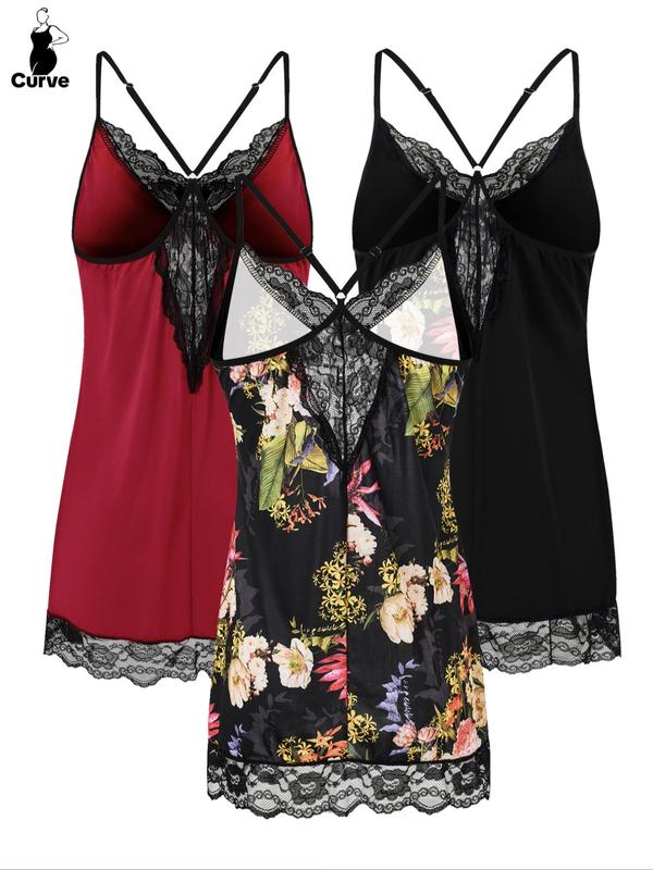 @ShopwithJulie Collection Plus Size Plain Contrast Lace Sheer Bow Decor Cami Nightdress, Plus Casual Romantic Criss Cross Back Spaghetti Strap Sleeveless Nightgown, Women's Plus Sleepwear for All Seasons