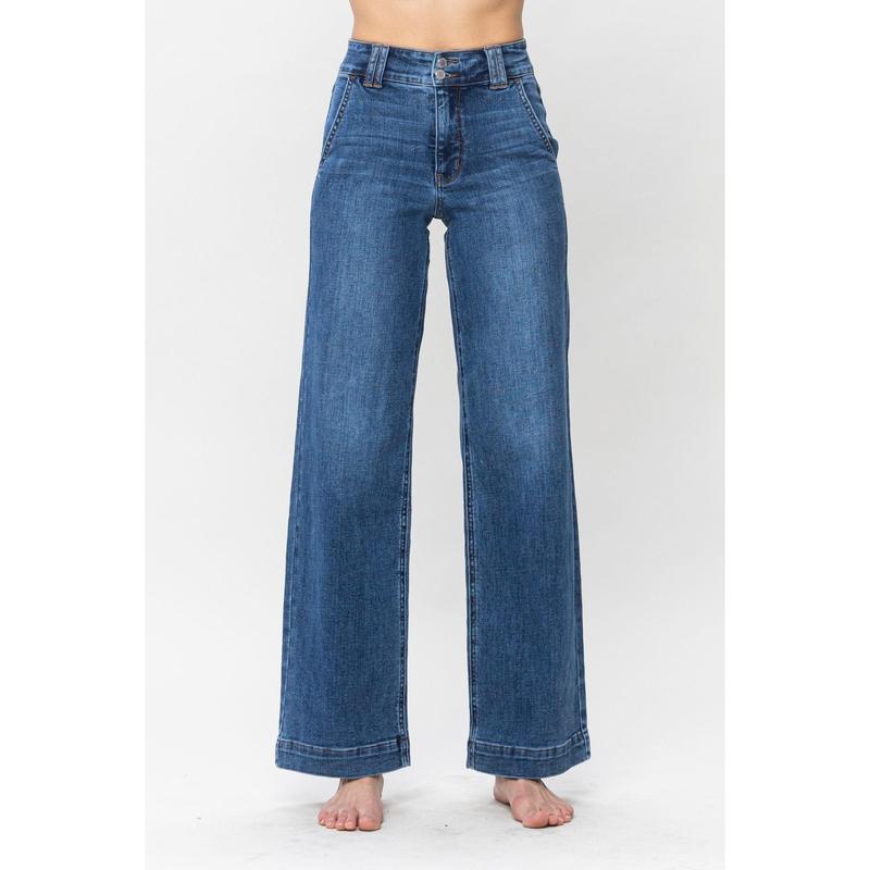 JUDY BLUE HIGH WAIST DOUBLE BUTTON WIDE LEG JEANS