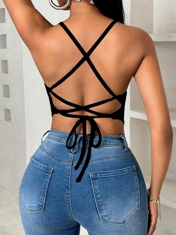 Women's Solid Backless Lace Up Halter Top, Casual Asymmetrical Hem Sleeveless Top for Summer, Fashion Women's Clothing for Daily Wear