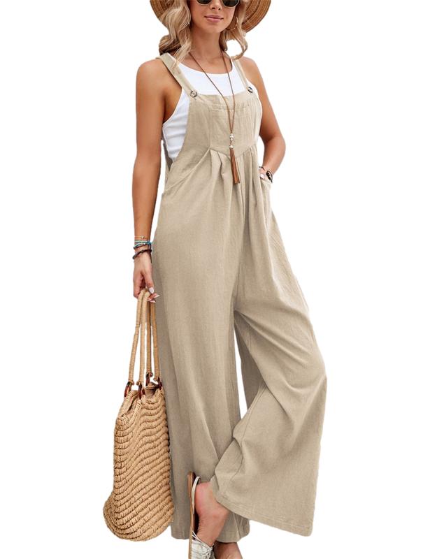 HangNiFang Women's Casual Summer Linen Jumpsuit Adjustable Strap Wide Leg Overalls with Pockets Womenswear Underwear Lady Sleeveless Basic