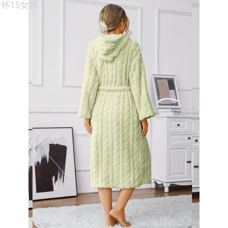 Casual Solid Fleece Jacquard Night Robe, Long Sleeve Hooded Robe With Belt, Women's Sleepwear & Dresses Fabric Polyester