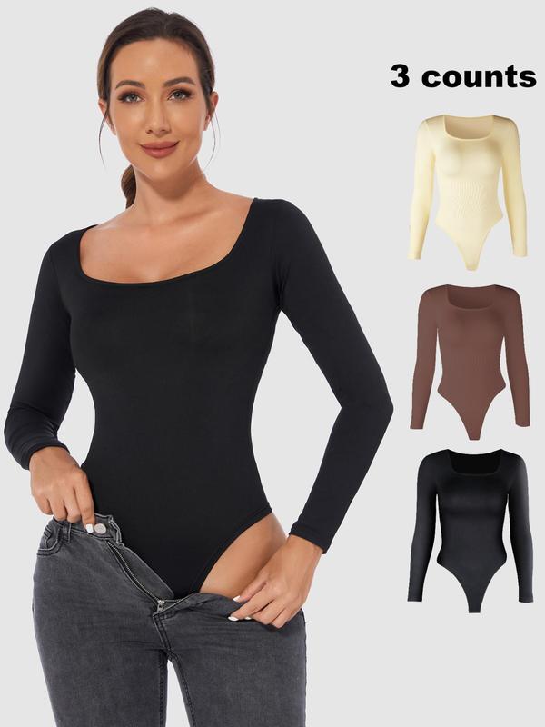 Women's Solid Square Neck Shapewear Bodysuit, Casual Comfy High Stretch Seamless Shaper, Fall Body Shapewear, Ladies Shapewear Clothes for Daily Wear, Fall Wear Black Girl