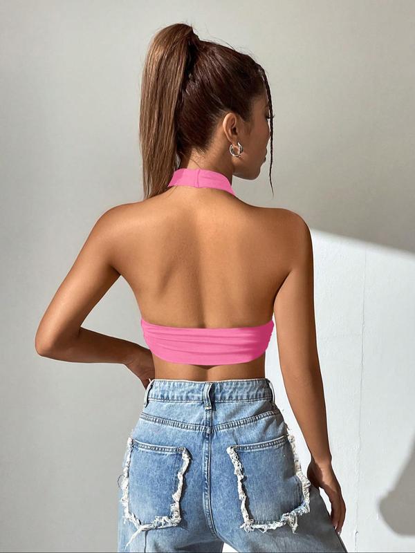 Women's Solid Backless Halter Crop Top, Casual Sleeveless Tie Back Top for Summer, Halter Top, Fashion Women's Clothing for Daily Wear