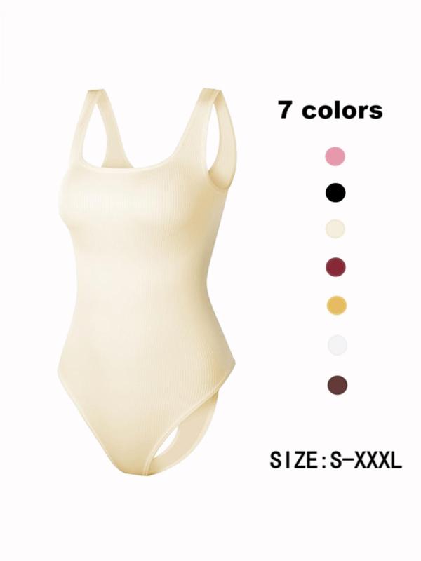 Women's Solid Backless Ribbed Shapewear Bodysuit, Breathable Comfortable Hook & Eye Closure Crotch Shaper, Tummy Control Butt Lifter, Ladies Shapewear for Daily Wear