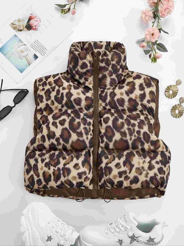 Women's Leopard Print Drawstring Zip Up Crop Vest Coat, Casual Stand Collar Cropped Outerwear for Fall & Winter, Women's Clothes for Daily Wear