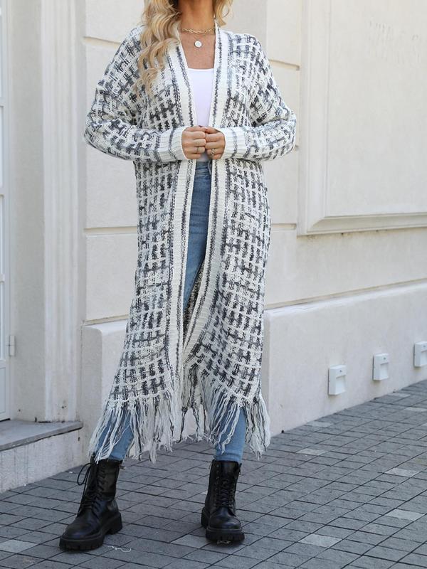 Women's All Over Print Fringe Hem Drop Shoulder Cardigan, Cardigan for Women, Casual Long Sleeve Open Front Knitwear for Fall & Winter, Winter Sweaters for Women, Fashion Ladies' Knit Clothing for Daily Wear