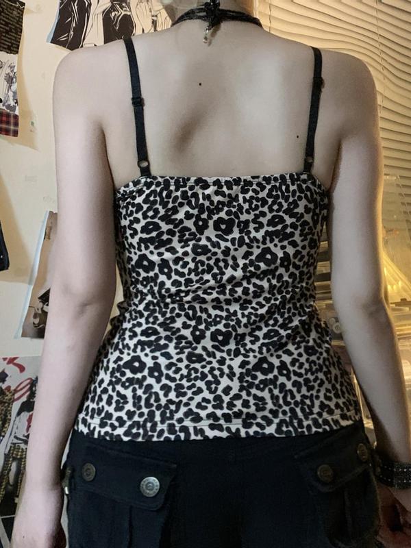 Women's Leopard & Striped Print Contrast Lace Cami Top, Y2K Fashion Adjustable Strap Top for Summer, Women's Top for Daily Wear