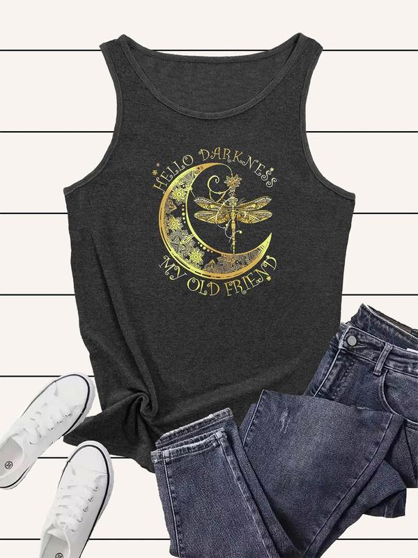 Women's Moon & Dragonfly Graphic Print Round Neck Tank Top, Fashion Casual Sleeveless Top for Daily Outdoor Wear, Ladies Clothes for Summer