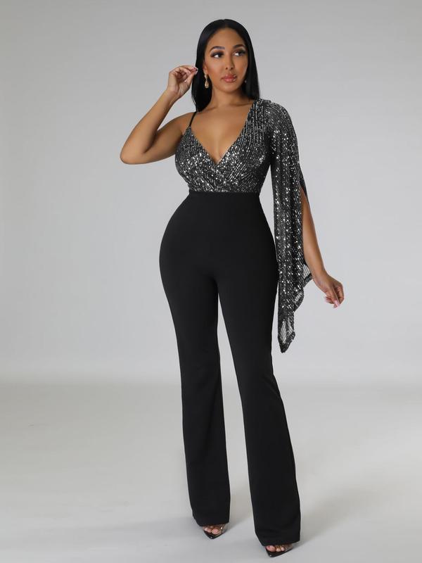 Women's Glitter Sequin Asymmetrical Split Sleeve Jumpsuit, Elegant Deep V Neck Zipper Jumpsuit for Party Club, Ladies Clothes for All Seasons