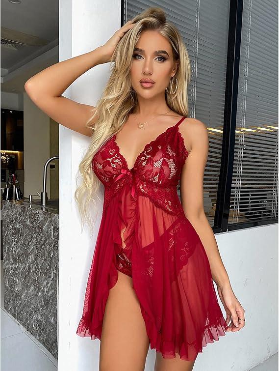 Women Lingerie Lace Babydoll Mesh Nightgown Chemise Boudoir Nighty Sleepwear