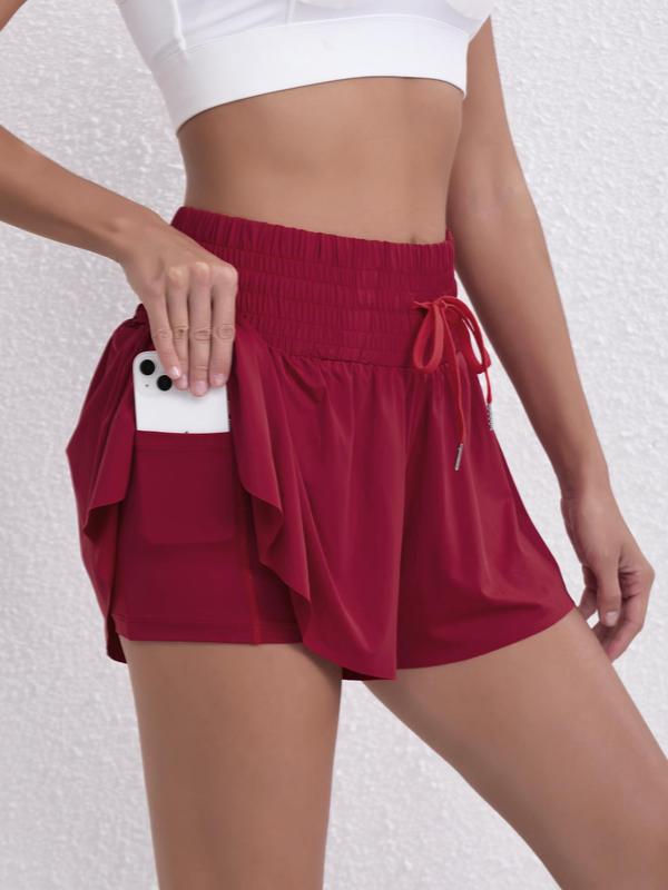 Women's 2 in 1 Drawstring Waist Shirred Skort, Casual Pocket High Waist Culottes for Summer, Shorts for Women, Women's Bottoms for Daily Wear, Going Out Bottoms