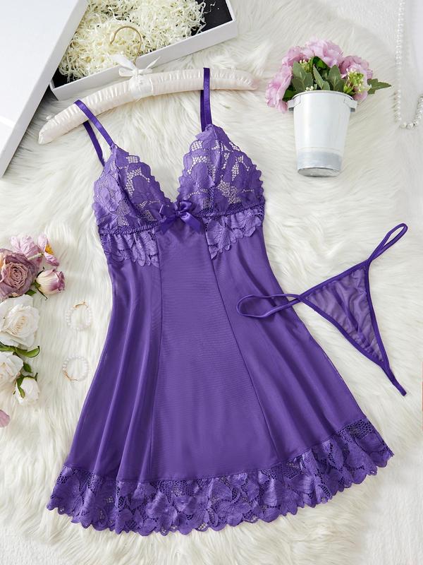 Women's 2pcs Bow Front Contrast Lace Cami Nightdress & Thong Set, Elegant Sexy Adjustable Spaghetti Strap Nightgown for All Seasons, Women Sexy Lingeries & Costumes for Daily Wear