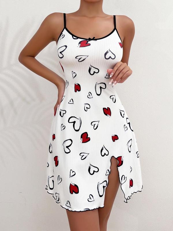 Women's Heart Print Bow Decor Cami Nightdress for Home Wear, Contrast Binding Sleeveless PJ Sleep Dress, Casual Comfy Pyjama Dress