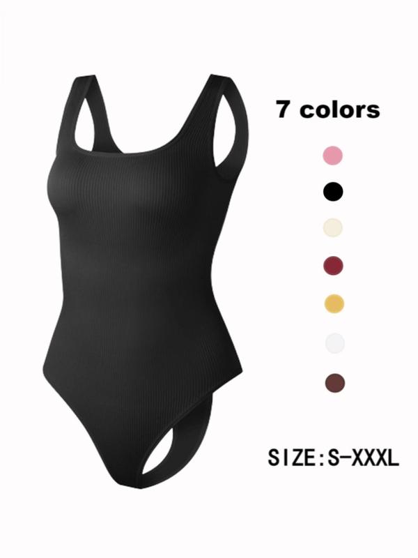 Women's Solid Backless Ribbed Shapewear Bodysuit, Breathable Comfortable Hook & Eye Closure Crotch Shaper, Tummy Control Butt Lifter, Ladies Shapewear for Daily Wear