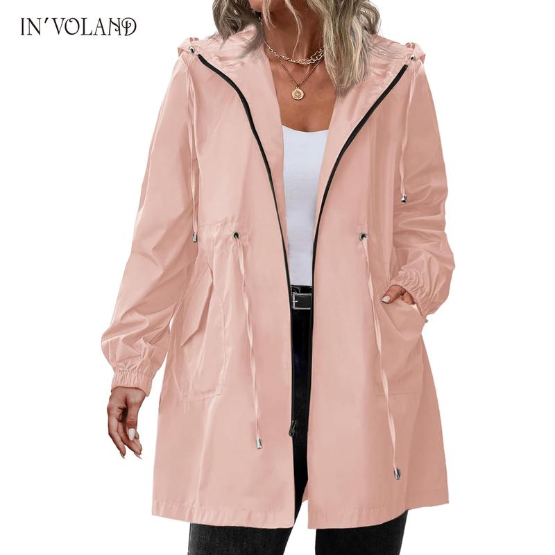 Holiday haul IN'VOLAND Women's Rain Jacket Plus Size Long Raincoat Lightweight Hooded Windbreaker Waterproof Jackets with Pockets Casual Long Sleeve