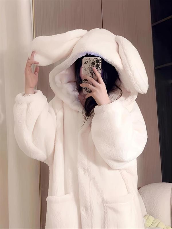 Women's Solid 3d Ear Decor Button Front Hooded Coral Fleece Robe, Cute Drop Shoulder Long Sleeve Thermal Lined Robe, Women's Sleepwear for Winter