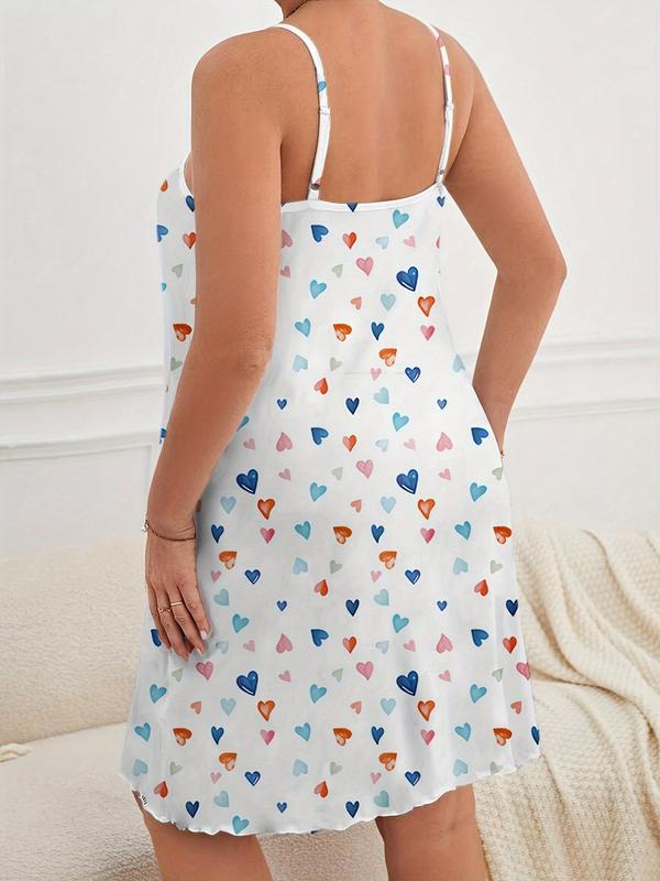  All Over Heart  Bear Print Lettuce Trim Cami Nightdress, Casual Soft Comfortable Spaghetti Strap Nightgown for Women, Women's Sleepwear for All Seasons