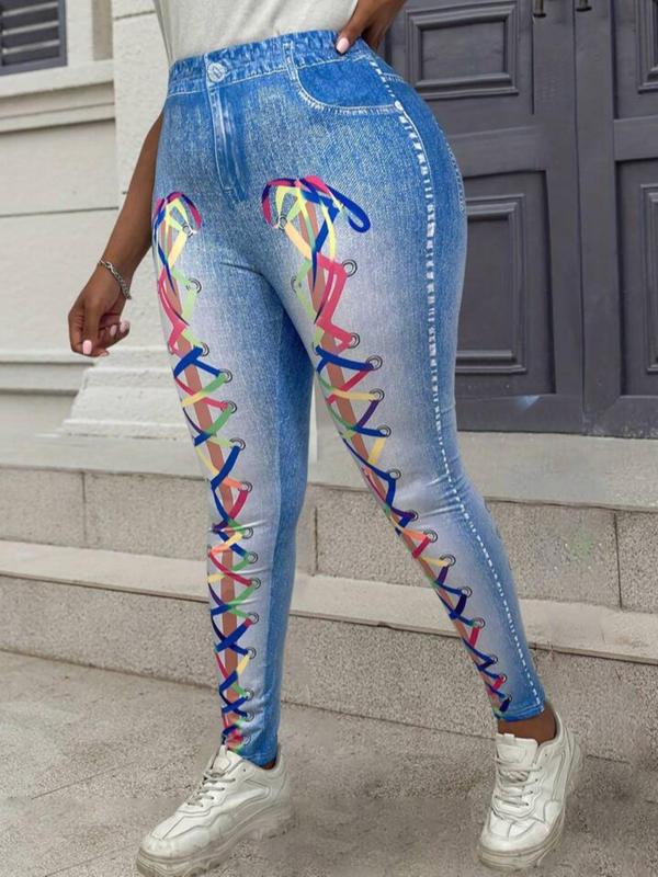  Denim-Effect Print High Waist Leggings, Casual Comfy Skinny Pants for Daily Wear, Women's Bottoms for Fall & Winter