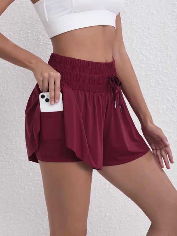 Women's 2 in 1 Drawstring Waist Shirred Skort, Casual Pocket High Waist Culottes for Summer, Shorts for Women, Women's Bottoms for Daily Wear, Going Out Bottoms