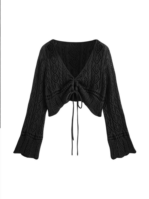  Minimalist Hollow Out Drawstring Long Sleeve Sheer Cardigan, Casual Comfort Flounce Sleeve Knitwear Top for Fall, Cardigan for Women, Fall Outfits, Fallfreshness, Plus Size Clothing, Cardigans for Women, Fall Clothes