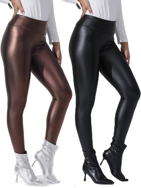 Women's Solid Color PU Leather Tummy Control Leggings, Casual Sporty Comfy Skinny Pants for Yoga Gym Workout Running, Fall Outfits 2024