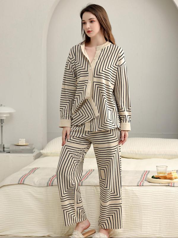 Two-Piece Set Women's Geometric Print Button Front Pocket Drop Shoulder Pajama, Casual Comfy Long Sleeve Top & Pants PJ Set, Ladies Sleepwear for Spring & Fall