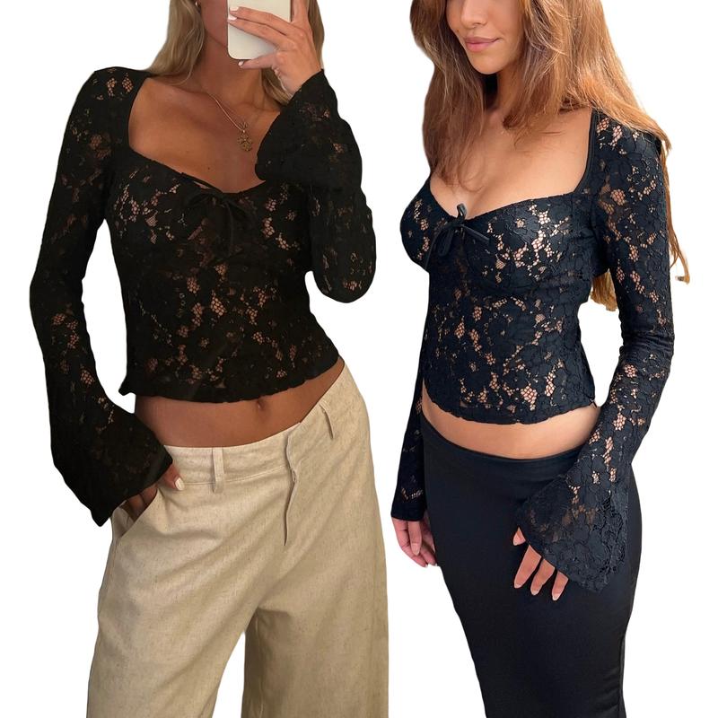 Women's Lace Floral Transparent Top Long Sleeve Sweetheart Neck Front Bow Short Shirt Slightly Sheer Sexy