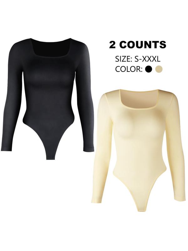 Women's Solid Square Neck Shapewear Bodysuit, Casual Comfy High Stretch Seamless Shaper, Fall Body Shapewear, Ladies Shapewear Clothes for Daily Wear, Fall Wear Black Girl