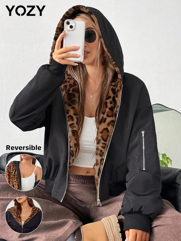 YOZY Women's Leopard Print Zip Up Thermal Lined Reversible Hooded Jacket, Fashion Casual Long Sleeve Pocket Outerwear for Daily Outdoor Wear, Women Clothing for Fall & Winter