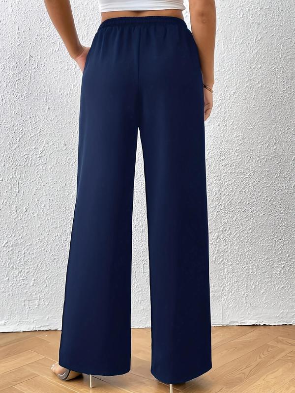 Women's Plain Pocket Drawstring Waist Wide Leg Pants, Elegant Comfy High Waist Straight Leg Trousers For Daily Wear, Ladies Bottoms For All Seasons