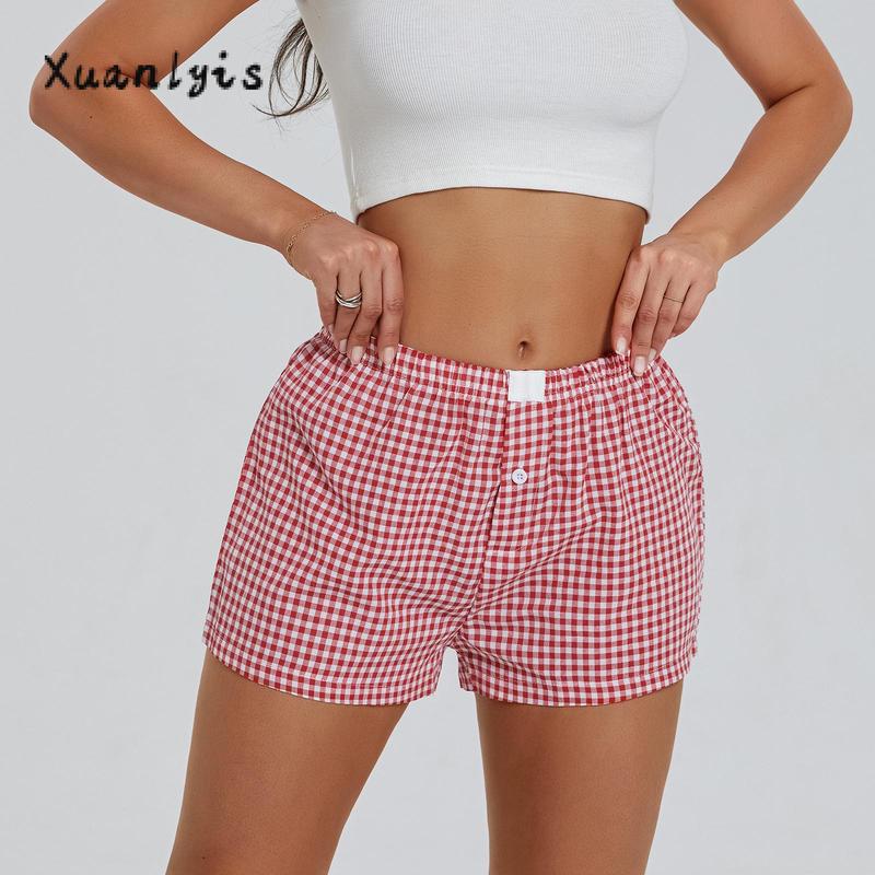 Women’s Plaid Print Shorts Elastic Low Waist Button Front Lounge Shorts Boxers Streetwear Fabric Womenswear Bottom Soft