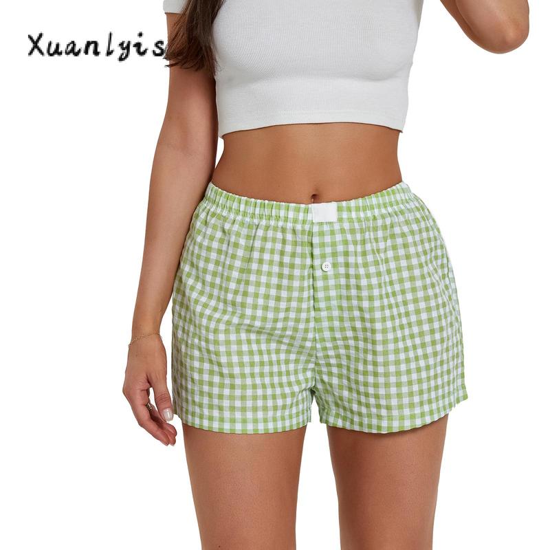 Women’s Plaid Print Shorts Elastic Low Waist Button Front Lounge Shorts Boxers Streetwear Fabric Womenswear Bottom Soft