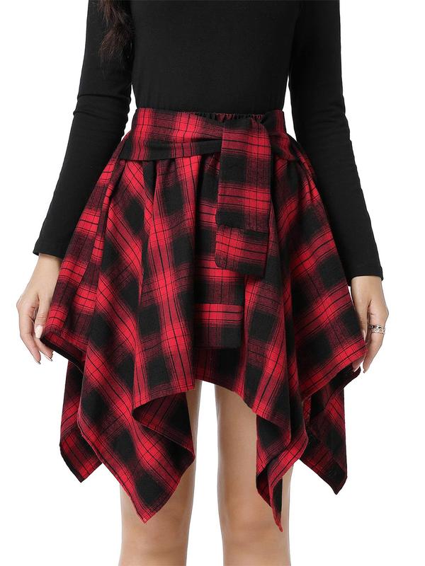 Women's Plaid Print Tie Front A Line Plaid Skirt, Casual Asymmetrical Hem Short Skirt for Daily Wear, Ladies Bottoms for All Seasons