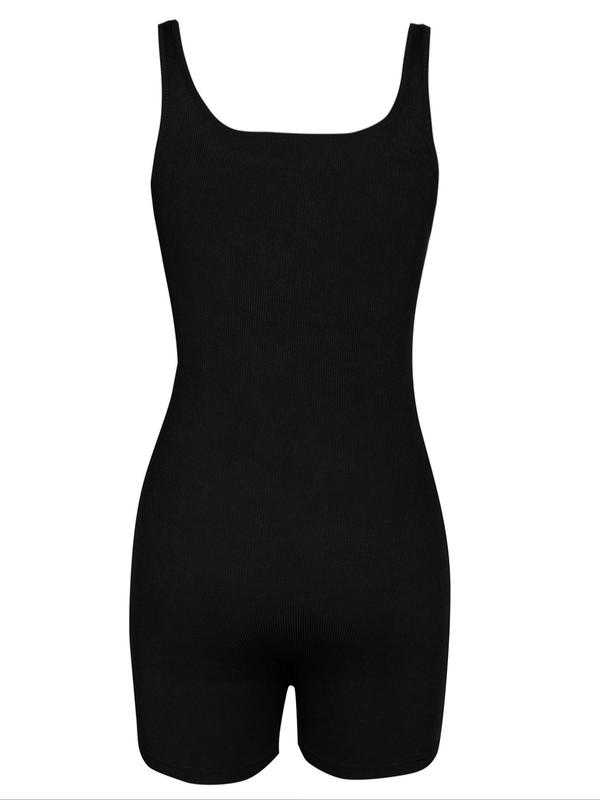 Women's Solid Color Ribbed Square Neck Tank Shapewear Romper, Casual Comfy Tummy Control Thigh Slimmer Seamless Sleeveless Shaper Bodysuit for Daily Wear, Summer Wear 2024, Ladies Shapewear, Fall Wear, Earthtone Fallfreshness