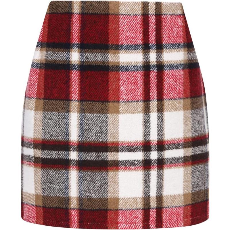 Womens High Waist Plaid Skirt Pencil Wool Mini Skirts