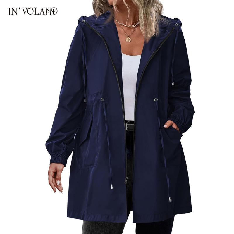 Holiday haul IN'VOLAND Women's Rain Jacket Plus Size Long Raincoat Lightweight Hooded Windbreaker Waterproof Jackets with Pockets Casual Long Sleeve