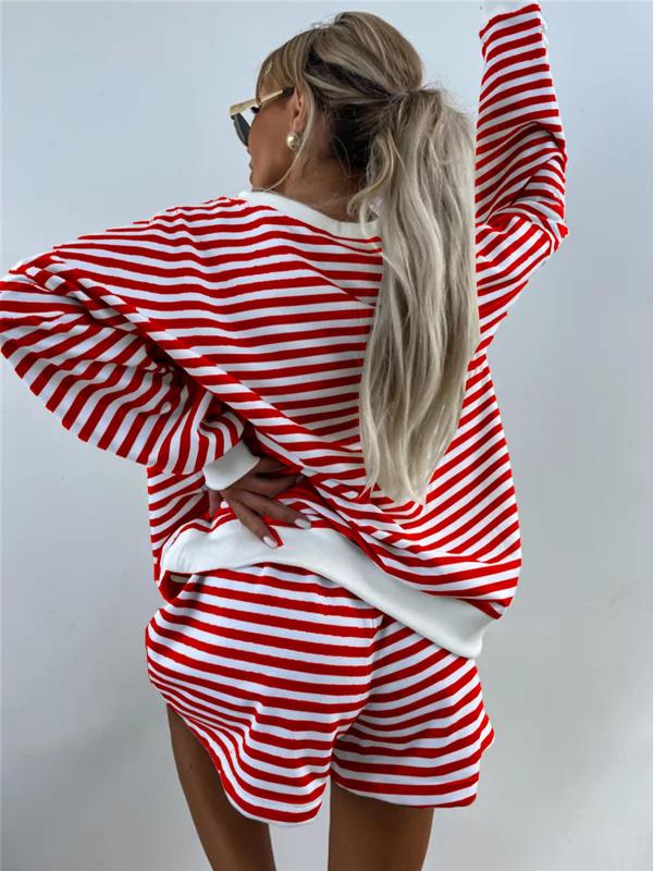 Two-piece Set Women's Striped Print Drop Shoulder Sweatshirt & Elastic Waist Shorts Loungewear, Casual Comfy V Neck Long Sleeve Top & Shorts Pj Set, Pajama Sets Women, Ladies Sleepwear for Spring & Fall, Black Girl Wear, Pajama Pants at Gym