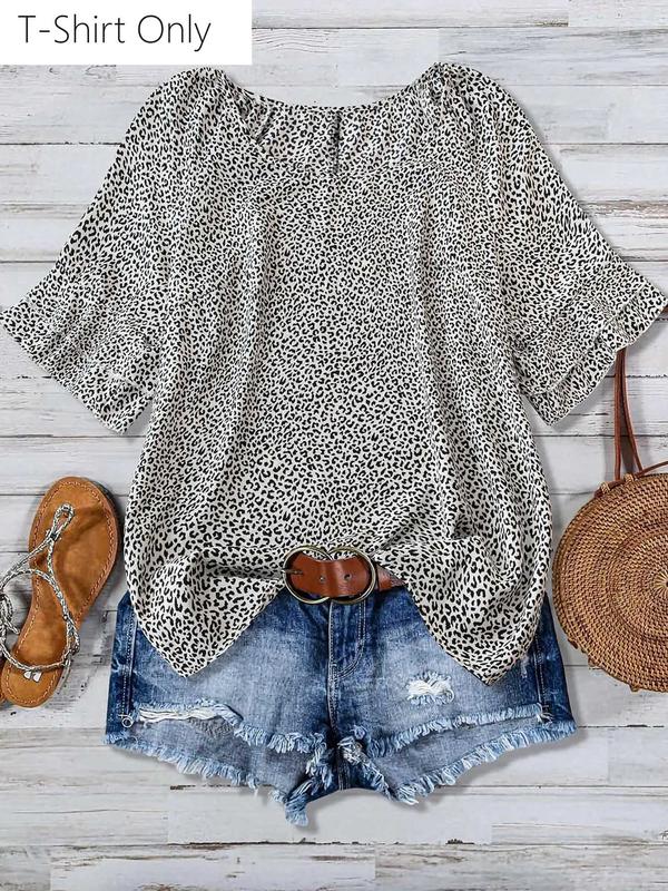  All Over Print Ruffle Layered Sleeve Blouse, Casual Short Sleeve Round Neck Top for Daily Wear, Plus Size Clothing, Going Out Tops, Fall Clothes, Women's Plus Back To School Clothing for All Seasons