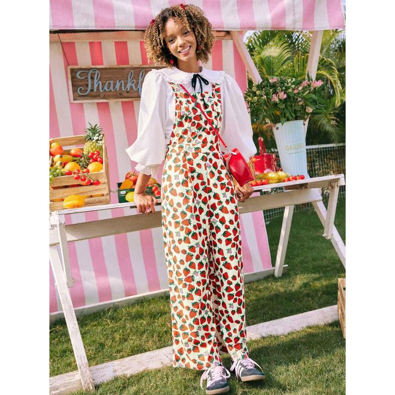 Cider [2 colors, size 2-26] Woven Strawberry Print Wide Leg Jumpsuit