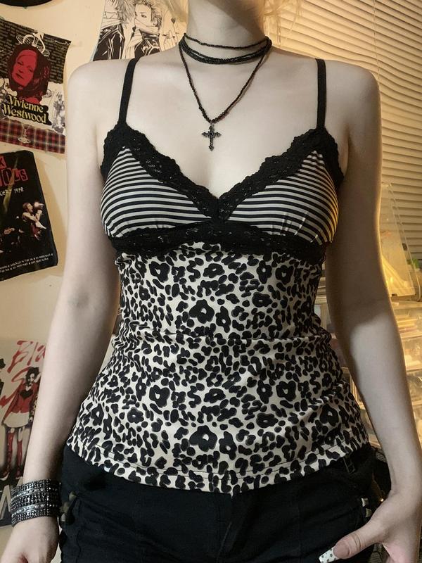 Women's Leopard & Striped Print Contrast Lace Cami Top, Y2K Fashion Adjustable Strap Top for Summer, Women's Top for Daily Wear